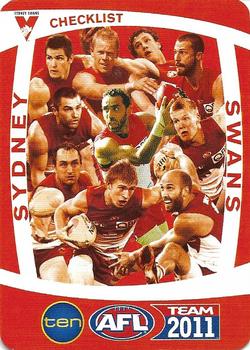 2011 Team Zone AFL Team - Team Checklists #NNO Sydney Swans Front